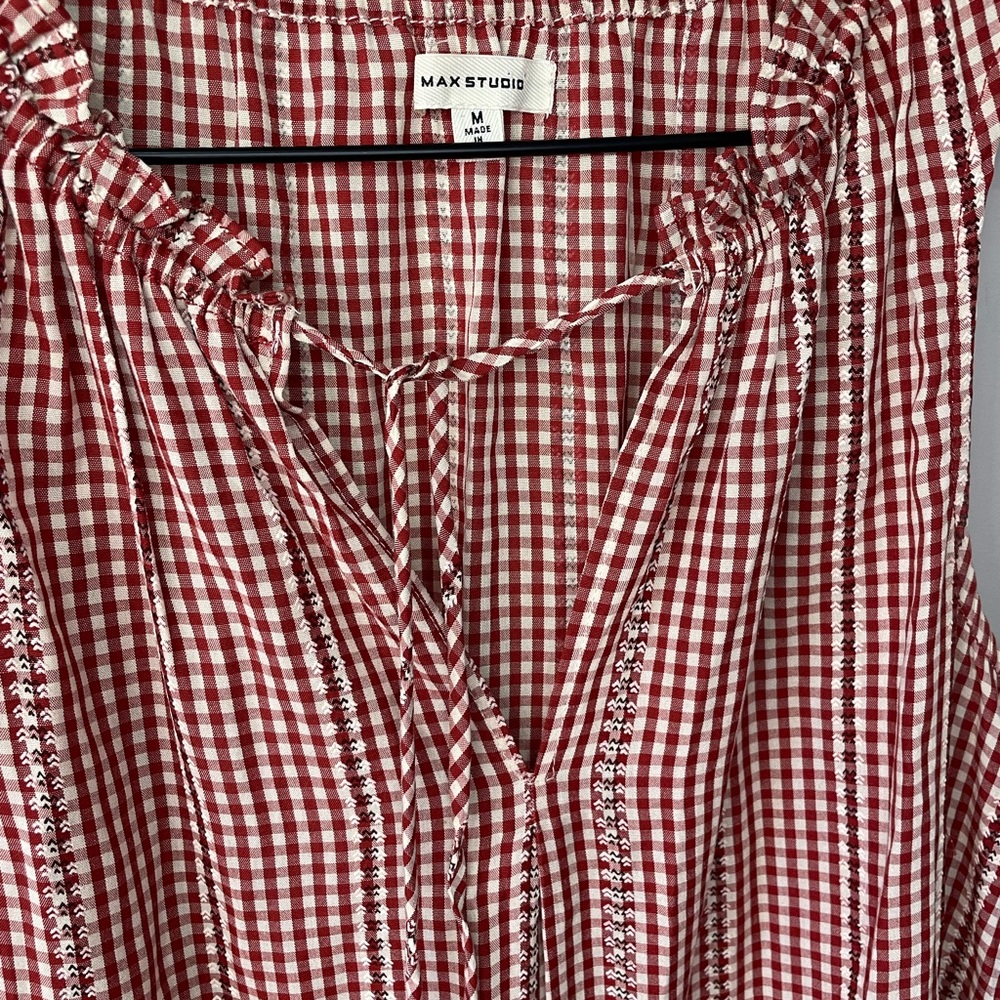 Max Studio Gingham tiered sleeveless red cream midi dress medium - Picture 7 of 12